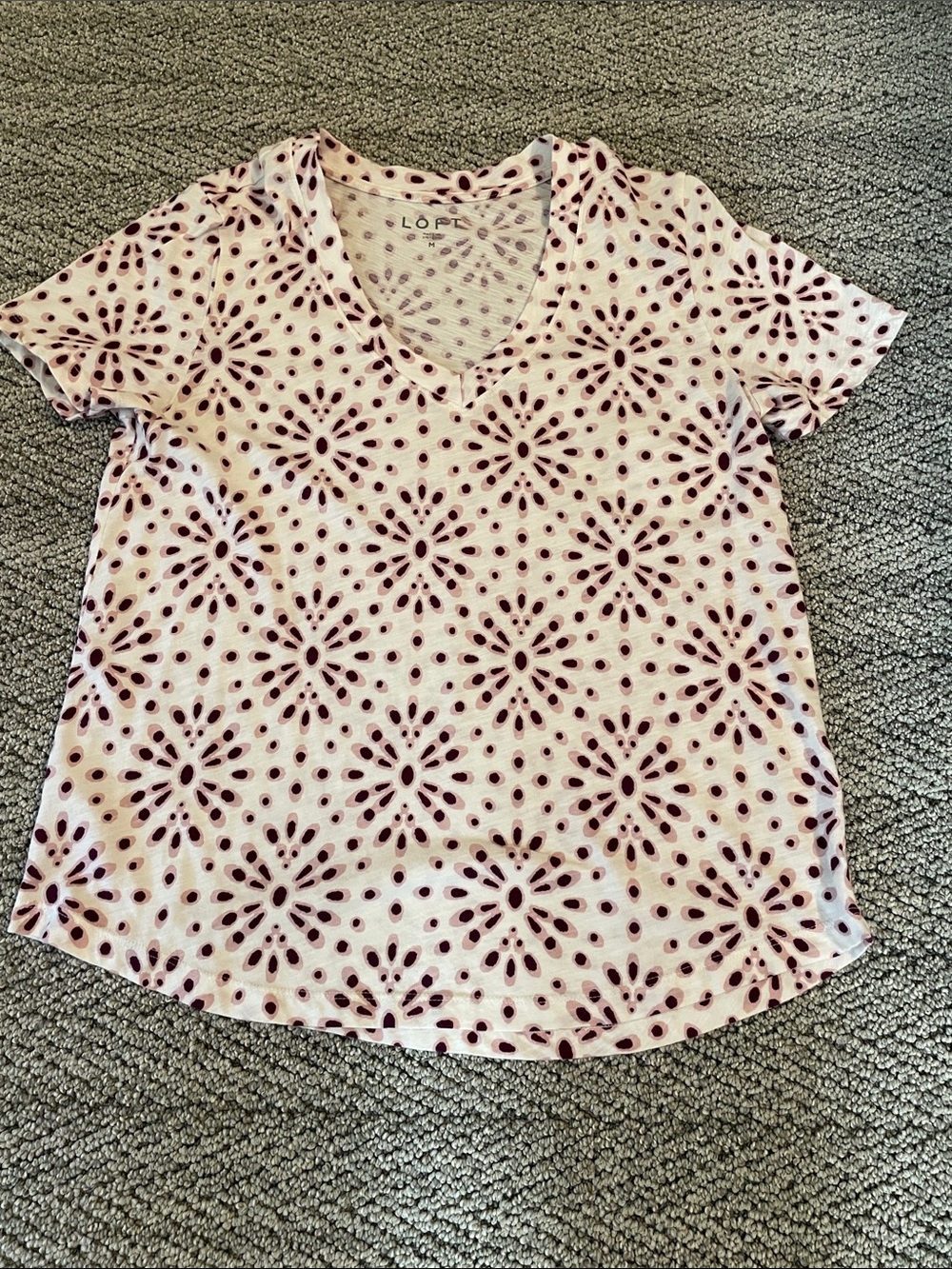 LOFT Cream & Maroon Floral Eyelet V-Neck Tee